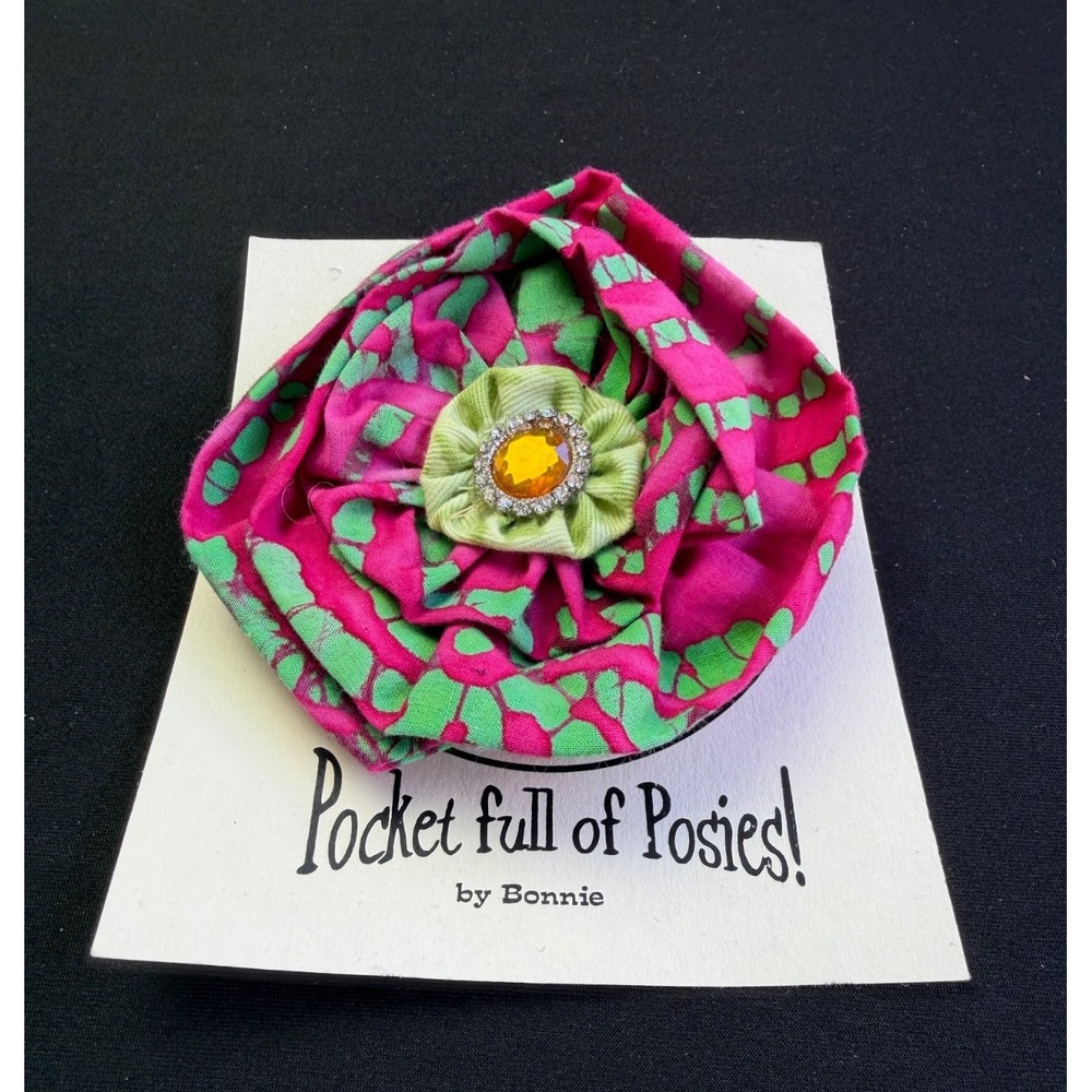 Pocket Full of Posies Fabric Flower Pin Pink Green Rhinestone Brooch Artsy Boho - Picture 2 of 5